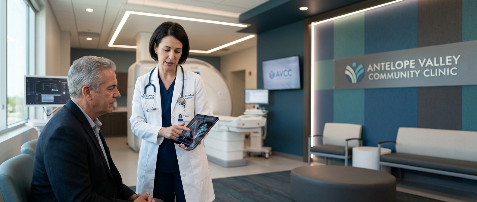 A clinician talking with a patient about their care