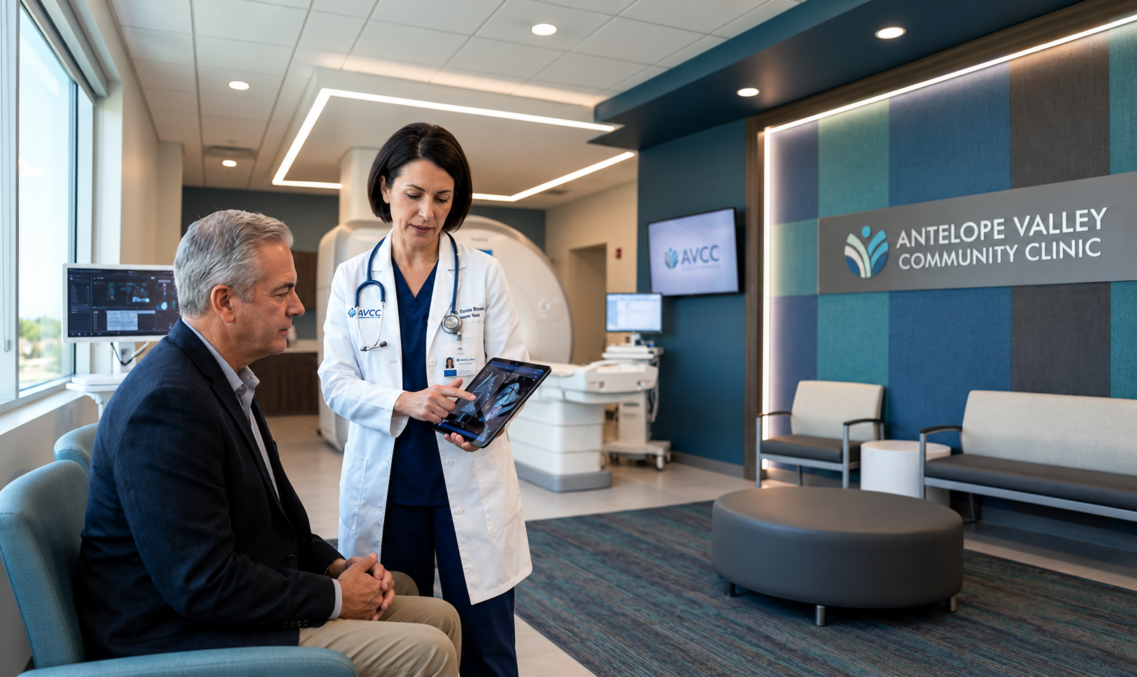 A clinician reviewing a tablet with a patient in a clinic consultation area